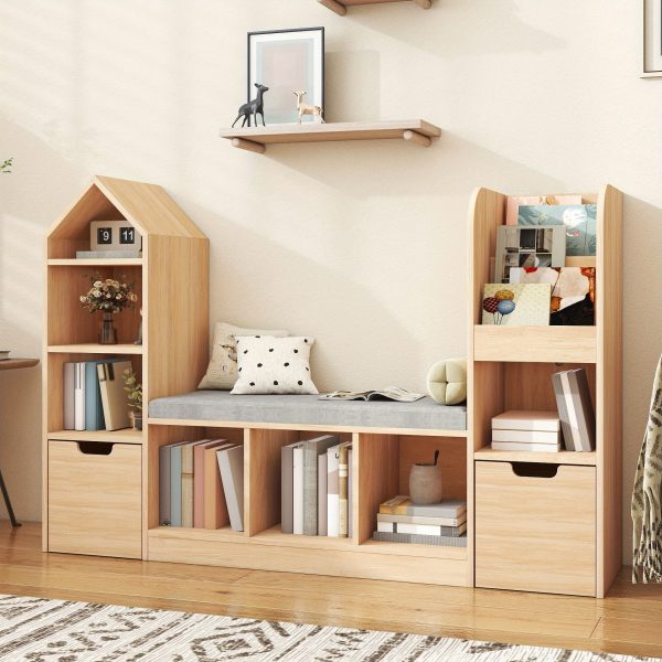 product-open-b4b0c03d4a874524a2b3663aca019d3f-goods Nordic Style Bookcase with Reading Nook | Space-Saving Storage Cabinet with 7 Cubbies, 2 Movable Drawers & Seat Cushion, Multifunctional Organizer for Living Room, Bedroom, Office, Wood Color, Hardwood Material, VABCHES Brand