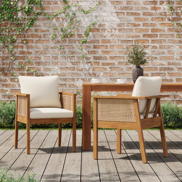 product-open-b52d826d92cc4b5cb827636c33b0f606-goods Set of 2 Outdoor Acacia Wood Dining Chairs - Patio Armchair with Natural Rattan Backrest, Cream Washable Cushion, Non-Slip Feet for Backyard Poolside Garden