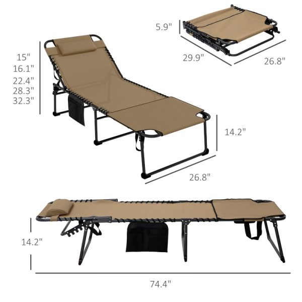 Outsunny 2pcs Folding Chaise Lounge with 5-Level Reclining Back, Outdoor Tanning Chair with Reading Face Hole, Outdoor Lounge Chair with Side Pocket And Headrest for Beach, Yard, Patio, Beige