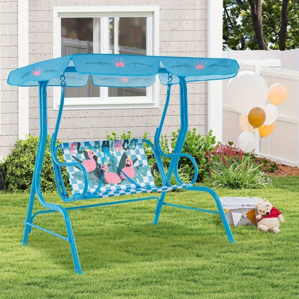 COSTWASY Kids Patio Swing, 2-Seater Swing Chair w/ Metal Stand & Adjustable Canopy, Outdoor Mini Swing w/ Safety Belts for Kids over 3, Porch Seating Solution, Adjustable Canopy Swing, Adjustable Canopy Design, Sturdy Metal Stand, Robust Swing Mechanism, Parents Of