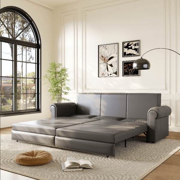 product-open-b64da8afdbef493a8644328c8df9768c-goods Modern Convertible Sofa Bed 93.7' Space-Saving Sleeper with Pull-Out Design Three-Seater Leather Folding Transformable Durable Luxurious Suitable Adjustable Backrest Plush Cushions Cozy for Living Room