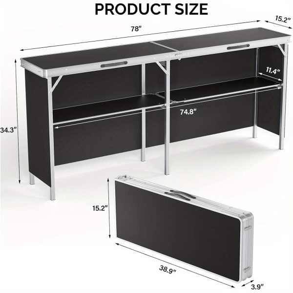 Bonnlo 78 Inch Mobile Bar Table with 2 Tier Shelves Portable Bar Table with Black Skirt for Outdoor Events Party Camping Picnic Mobile Bartending Station Black/ White/ Natural Garden Patio Dining Tables