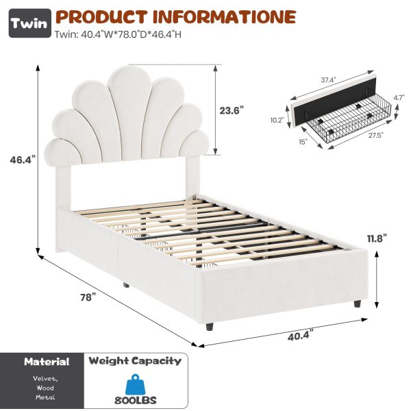 product-open-b807a9f73c6f4c728877abfafeefd091-goods Twin Size Bed Frame Suitable for Kids Girls Boys - Upholstered Princess Platform Bed with Headboard & 2 Storage Drawers, Solid Wood Slat Support, No Box Spring Needed, Easy Assembly, Modern Minimalist Furniture for Boys and Girls