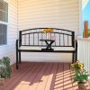 [Outdoor Patio Bench] Outdoor Patio Garden Bench Peacock Feather Backrest, Cast Iron Frame, Comfortable Seat for Yard, Porch, or Park