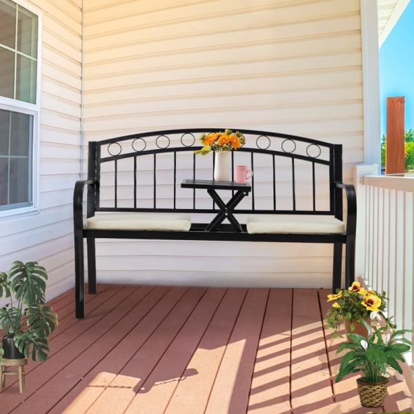 [Outdoor Patio Bench] Outdoor Patio Garden Bench Peacock Feather Backrest, Cast Iron Frame, Comfortable Seat for Yard, Porch, or Park