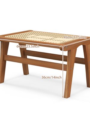 Ottoman Footstool, Natural Teak Wooden Foot Rest W/ Handwoven Rattan for Living Room Bedroom Office, 14" H, Indoor