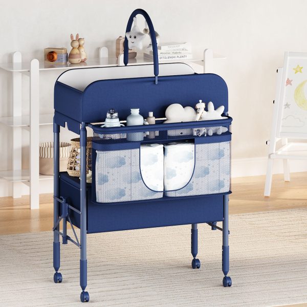 Height-Adjustable Baby Changing Station on Wheels - Compact Design, Two Storage Drawers, Quality - Portable And Space-Efficient Nursery Organizer for Infants And Newborns