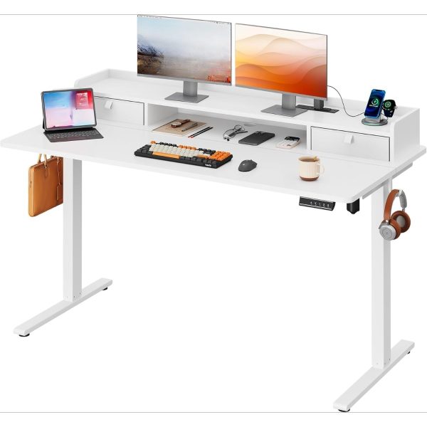 product-open-b9b4fdb164174167a97a7489d5a67d53-goods 55×28 Inch Electric Standing Desk with Drawers | 3 Adjustable Height, Storage Shelf, Built-in USB Outlet, Memory Preset, Sit to Stand, Contemporary Style, White, Engineered Wood Top, Box Drawers, Floor Mount, by GALAXHERO