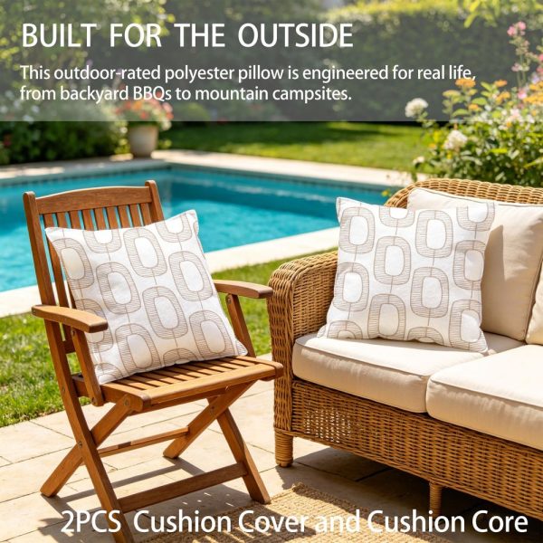 Outdoor Pillows 2pcs Set with Insert Hand-Drawn Beige Abstract Link Pattern Decorative Outdoor Cushion, 17.72inch Square Throw Pillow for Patio, Garden, Sofa, Bed, Breathable Fabric Cover with Hidden Zipper, Weather-Resistant