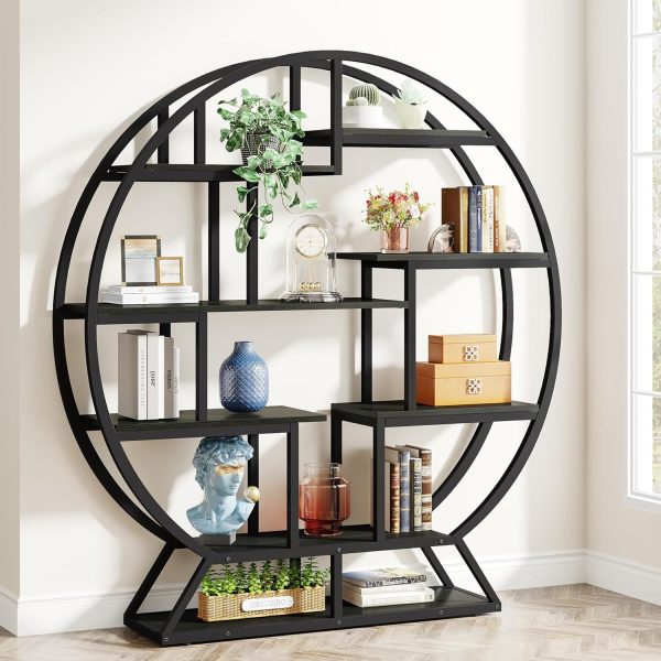 product-open-ba6962b7bb7145138bf05184e448c9e4-goods 63 Inch Round Industrial Bookshelf - Rustic Wood & Metal Etagere Bookcase with Staggered Shelves, 350lb Capacity, Adjustable Leg Pads, Matte Black & Brown Finish, Open Shelving Organizer for Living Room, Home Office, Bedroom, Kitchen, Bookshelf Decorations, Versatile Display Shelf, Round Silhouette Shelf, Durable Particleboard
