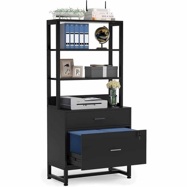 product-open-bada86f078394ca898b629e6d753d2d7-goods LustreC 2 Drawer Vertical File Cabinet with Lock & Bookshelf, Letter Size Large Modern Filing Cabinet Printer Stand with Open Storage Shelves for Home Office, White