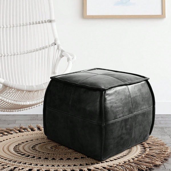 Leather Ottoman, Handmade Stuffed Square Ottoman, Genuine Leather Pouf, Foot Rest Pouf, Comfortable Soft Seating for Living Room& Bedroom(Brown, Black, Grey, Square)