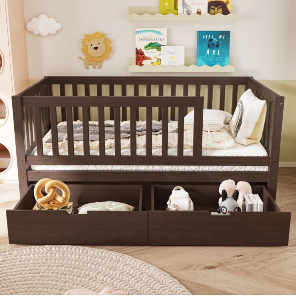 Convertible Bed with Storage Drawers, 3-In-1 Solid Wood Kids Daybed with Removable Guardrails, Compatible with Standard US Mattresses, White