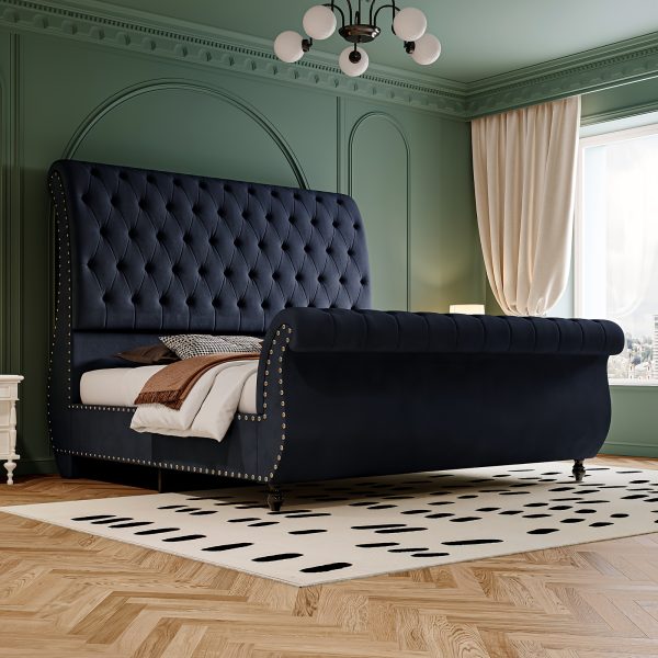 product-open-bc17bd06723447c28702ff99d6faf71d-goods Luxurious Velvet Upholstered Sleigh Bed with Elegantly Scrolled Headboard and Footboard, Featuring a Button-Tufted Base, Box Spring Not Needed