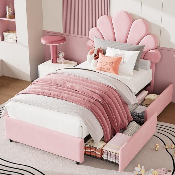 product-open-bc2e35bfd2234100b8f68bd06d5e4dc3-goods Twin Size Bed Frame for Bedroom - Platform Bed with Headboard, 2 Storage Drawers, Slat Support, No Box Spring Needed, Easy Assembly(Bed Frame Only)