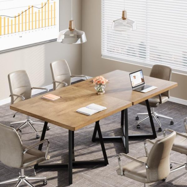 product-open-bc504a78c2bd4806900400b7b13f6d0b-goods 31.5' Square Conference Table, Industrial Office Meeting Table for 4 People, Business Podcast Furniture with Metal Base for Small Spaces, Office Conference, Natural