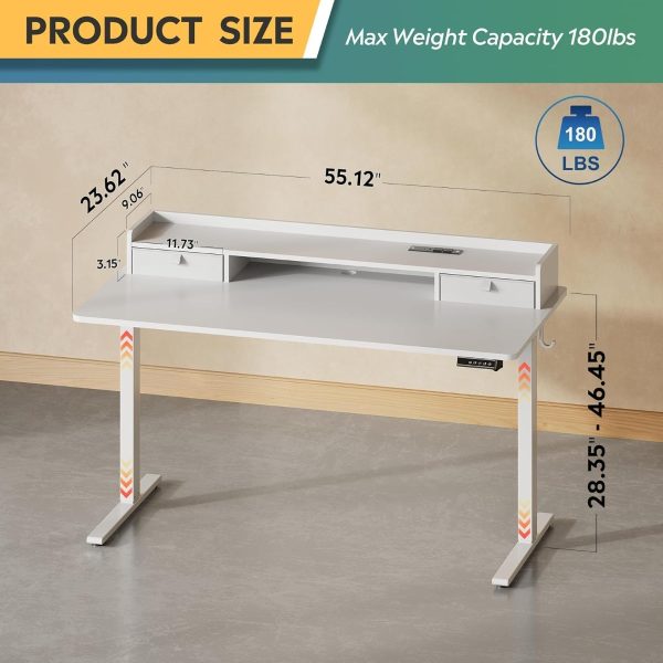 product-open-bce2472798c74ed8b640c8533077667a-goods 55×28 Inch Electric Standing Desk with Drawers | 3 Adjustable Height, Storage Shelf, Built-in USB Outlet, Memory Preset, Sit to Stand, Contemporary Style, White, Engineered Wood Top, Box Drawers, Floor Mount, by GALAXHERO