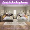 product-open-bd1fd54ee3f74efe965085fb26402e67-goods PAPAJET Storage Corner Bed Frame with Bookcase Headboard LED Lights Charging Station and Drawers Farmhouse Platform Bed for Bedroom