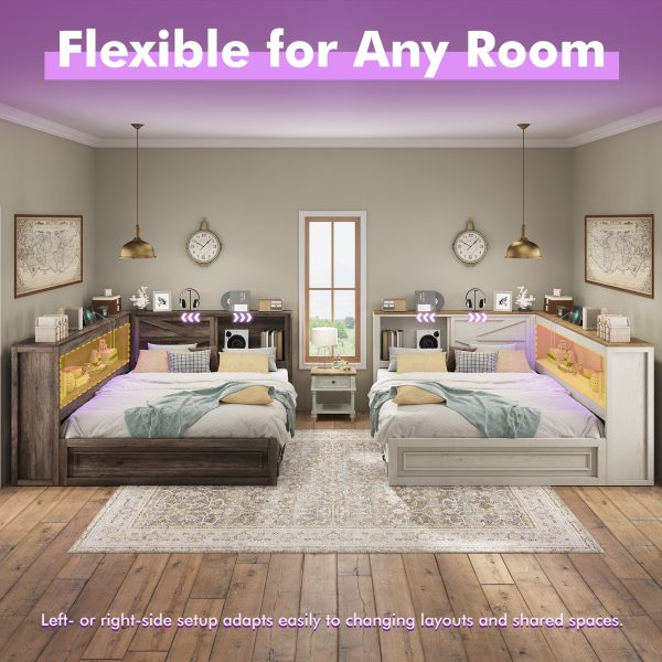 product-open-bd1fd54ee3f74efe965085fb26402e67-goods PAPAJET Storage Corner Bed Frame with Bookcase Headboard LED Lights Charging Station and Drawers Farmhouse Platform Bed for Bedroom