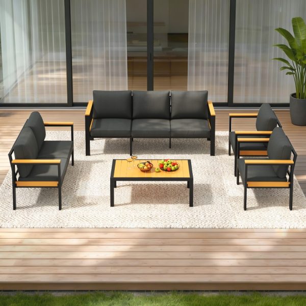 product-open-bd9a7f8be9a6415195ba63c03ba4cbd2-goods 5pcs Outdoor Patio Furniture Set for 7, Metal Conversation Seating with Coffee Table, Ideal for Porch, Balcony, Garden And Sunroom, Gray/Black