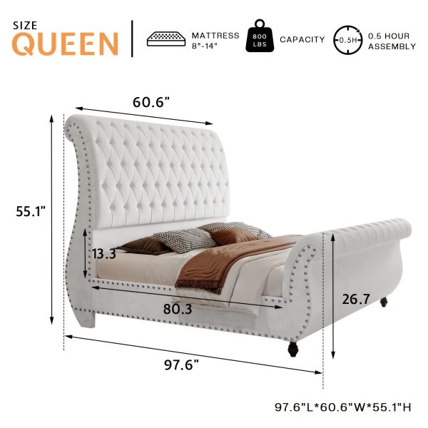 product-open-be6c119c201b4a3f921bc97203c89039-goods Luxurious Velvet Upholstered Sleigh Bed with Elegantly Scrolled Headboard and Footboard, Featuring a Button-Tufted Base, Box Spring Not Needed
