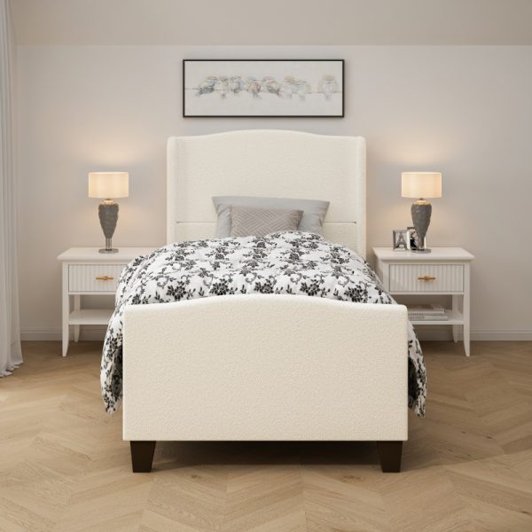 product-open-bebfd94f6deb46a0b23ee79563d41c55-goods Twin Size Bed Frame with 49. 21"High Back Upholstered Headboard and 27. 17" High Footboard, Teddy Velvet, 12 Slat Support, Solid Wood Feet, No Box Spring Needed White
