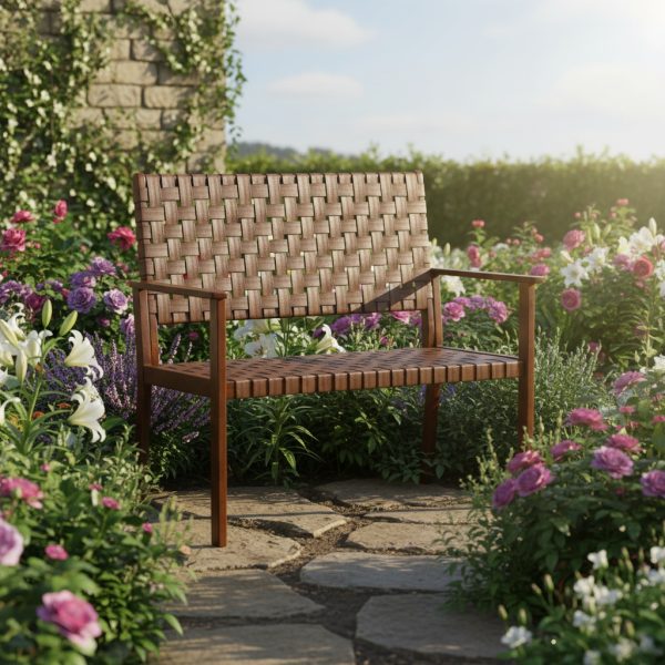 product-open-bf00d8aa10ab4fdfab9a52aec65061c9-goods MULTIGOT Hand-Woven PU All-Weather Outdoor Bench with Solid Rubber Wood Frame - Heavy-Duty 400lb Capacity Patio Loveseat Chair, Wide Backrest & Armrests, Brown Wicker-Like Texture, Low-Maintenance Garden Furniture for Porch, Deck