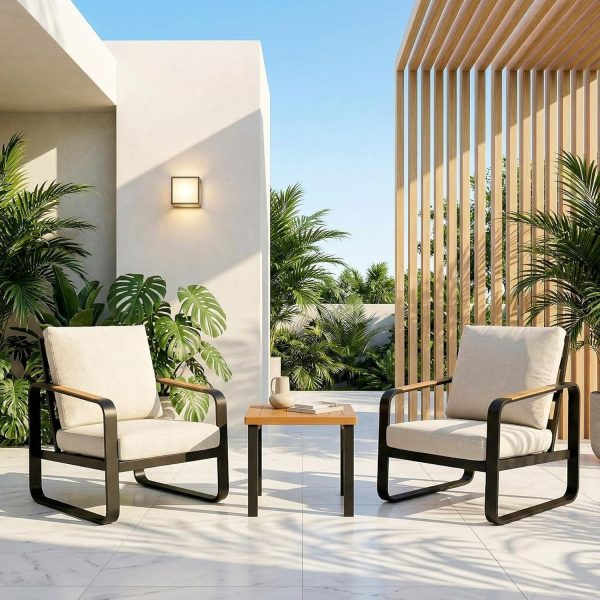 Outdoor Patio Lounge Chair with Beige Cushions, Black Aluminum Frame, Wood Armrests, Modern Style, Ideal Fathers Day Gift