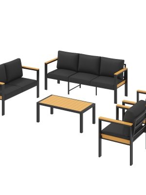 5pcs Outdoor Patio Furniture Set for 7, Metal Conversation Seating with Coffee Table, Ideal for Porch, Balcony, Garden And Sunroom, Gray/Black