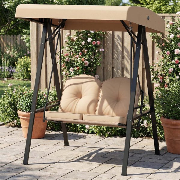 product-open-c00166da6eb64290b3f5c76f6d61d61f-goods Outdoor 2-Person Porch Swing, Cushioned Loveseat Swing with Stand, Adjustable Canopy and Heavy-Duty Metal Frame for Porch, Backyard, Garden