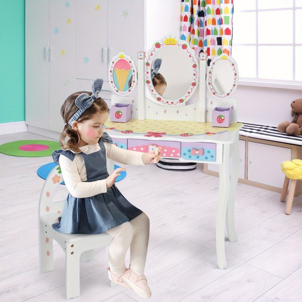 product-open-c015939c7f6943de8df89ef477aa80ff-goods COSTWAY Kids Vanity Table & Chair Set, Princess Makeup Dressing Table w/ 360° Rotating Tri-fold Mirror & Cute Strawberry Prints, 2 in 1 Vanity Set Writing Desk w/ 3 Drawers & 2 Storage Grids