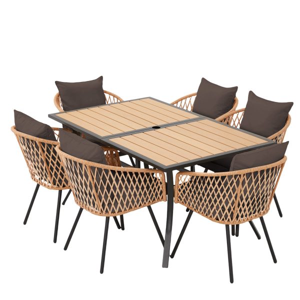 product-open-c02a9e5f9fe84cc293b449edc212c0ce-goods Outdoor Dining Set for Seven, Featuring a Rectangular Table with an Umbrella Hole And Six Rattan Chairs, Suitable for All Weather Conditions, Perfect for Your Backyard, Lawn, Or Garden