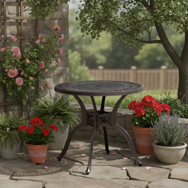 31. 5-Inch Cast Aluminum Dining Table, Round Bistro Table W/ 1. 96-Inch Umbrella Hole & Adjustable Leveling Feet, Robust Metal Patio Table for Backyard & Porch