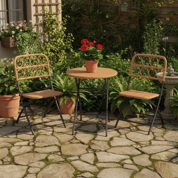 3pcs Folding Patio Bistro Set, Outdoor Round Table and Chairs with Hand-Woven Wicker Seat & Tabletop, Portable Metal Frame Dining Set for Balcony, Garden, Backyard