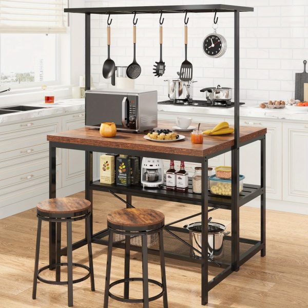 42" Kitchen Island with Storage - 3-Tier Bakers Rack, Microwave Stand, Dining Table for 4, 5 Hooks & 50lb Capacity, Multi-Functional Island for Small Kitchens (Brown)