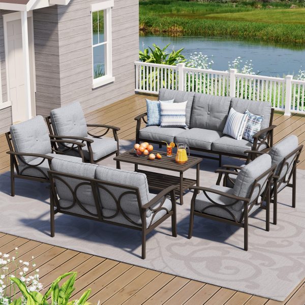 7pcs Outdoor Patio Furniture Set, Outdoor Metal Sectional Furniture with Cushions, Outdoor Conversation Seating Set with Coffee Table for Garden, Balcony, Deck, Backyard, Black