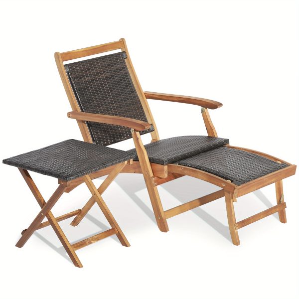 MULTIGOT 2pcs Patio Rattan Folding Lounge Chair Table Acacia Wood W/Retractable Footrest