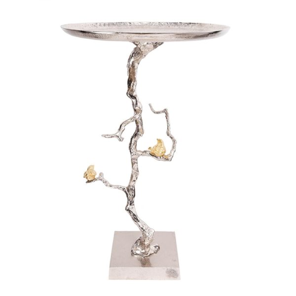 product-open-c21bc57446f445d8816c62c1577f7c67-goods 16.9x16.9x28' Round Aluminum Side Table with Sier Branch Design and Golden Bird Accents