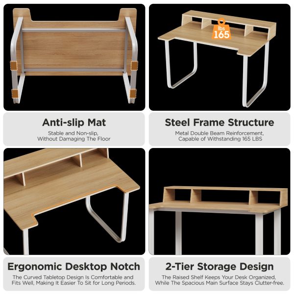 product-open-c254cd35d8f5492e93fa0ce0cea5d7e6-goods 43' Computer Desk with Storage Shelf, Modern Writing Desk with Ergonomic Notch, Stable Steel Frame Workstation for Home Office, Study, Gaming, Quick Assembly, Supports 165 LBS