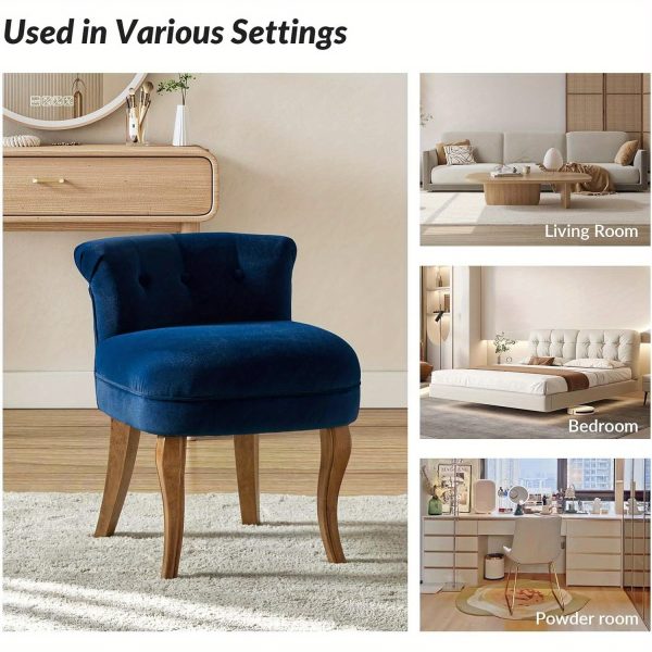 product-open-c2709a9542a940379b96ed0563fed1fa-goods Navy Velvet Vanity Stool with Low Back - Modern Upholstered Makeup Chair with Solid Wood Legs, Assembly Compact Dressing Table Chair Suitable for Women & Girls, Bedroom, Living Room, Dressing Table - Stylish Chair
