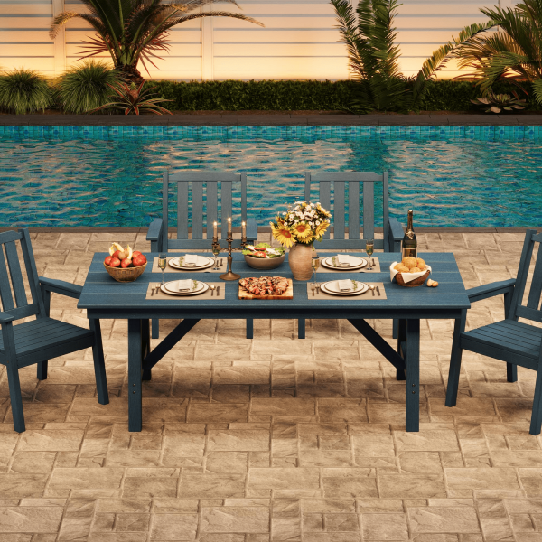 product-open-c2ace04c59f24321ba262aa8e6c431bd-goods 66.9" Outdoor Dining Table for 4-6, HDPE Patio Table with Umbrella Hole, Waterproof All-Weather Rectangular Table for Backyard, Poolside & Garden