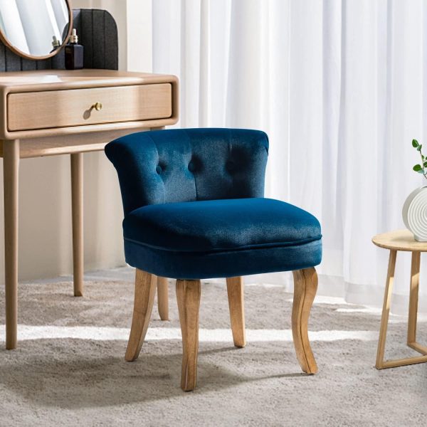 product-open-c2c5425749a44d84a79b370d9a427cb4-goods Navy Velvet Vanity Stool with Low Back - Modern Upholstered Makeup Chair with Solid Wood Legs, Assembly Compact Dressing Table Chair Suitable for Women & Girls, Bedroom, Living Room, Dressing Table - Stylish Chair