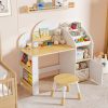 product-open-c2cd56cccf3c4995b918f84d17630f30-goods Kids Desk And Chair Set with Storage And 1 Stool, Wooden Kids Desk W/ 2 Storage Cabinets And Bookshelves, Children Writing Drawing Table, Student Kid Study Table for Boys, Girls
