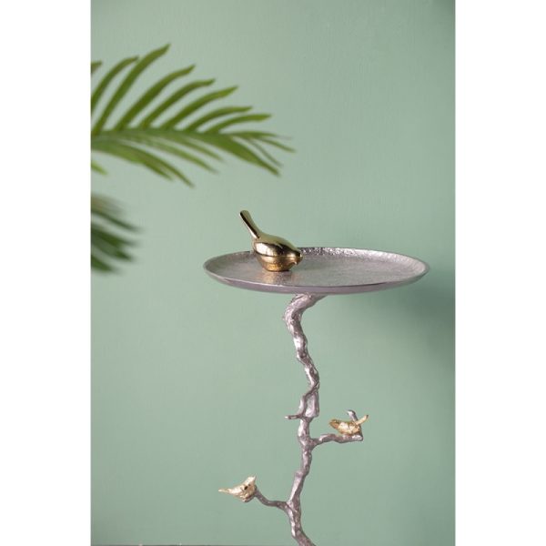 product-open-c2d75f57143f41d8bd6387f3660dcf27-goods 16.9x16.9x28' Round Aluminum Side Table with Sier Branch Design and Golden Bird Accents