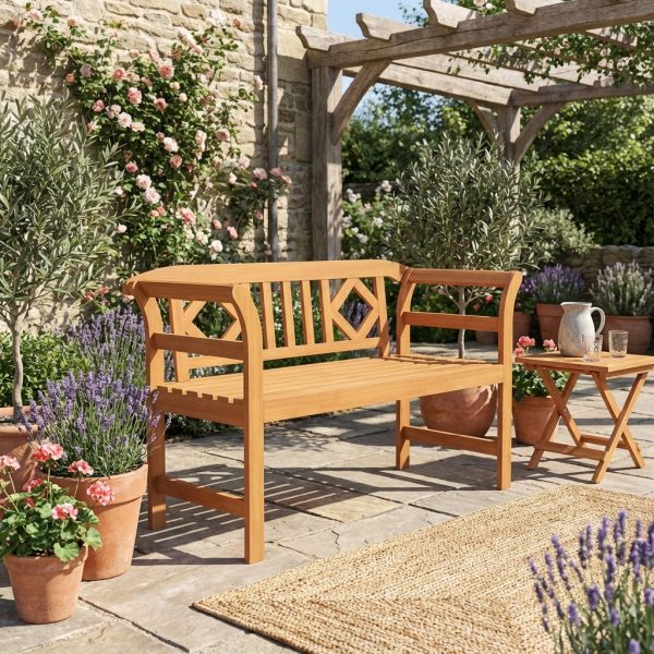 product-open-c46ccc973ea341efbc261edd92f52bec-goods Outdoor Acacia Wood Bench, 2 Persons Solid Wood Loveseat with Curved Armrests & Slatted Seat, Garden Patio Park Bench, 800 Lbs Weight Capacity