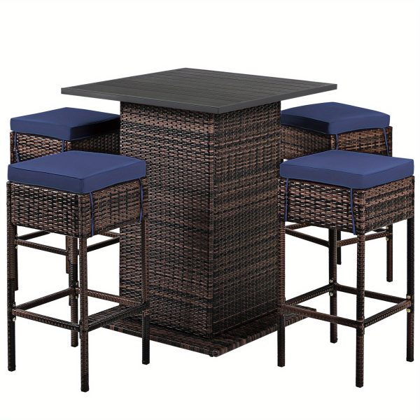 product-open-c5658d8d6bf440408c23c09accb6d2e1-goods LIFEZEAL 5pcs Outdoor Patio Rattan Bar Table and 4 Stools with Hidden Storage Shelf, Cushion Chairs - -Weather PE Rattan & Frame, Red/Black/Navy/Beige Wicker Furniture for Poolside,, Backyard (Complete Set)