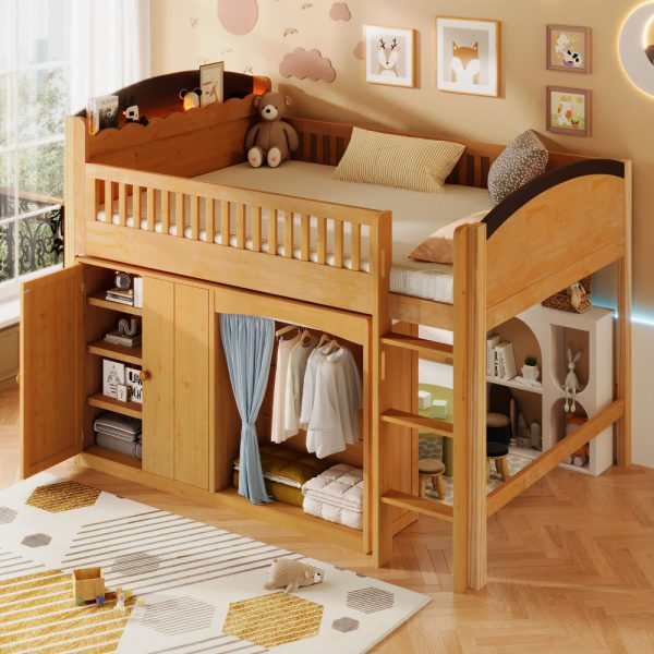 product-open-c582cc4bf88749db95c687b10e28dd6c-goods Twin Size Loft Bed with Storage Cabinet, Wardrobe And LED, Wood Color And Espresso