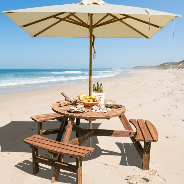product-open-c5bf6ad7421d4b138c4dbb7b6a87fa4b-goods 6-Person Outdoor Wooden Picnic Table, Round Table And 3 Benches with Umbrella Hole, Outdoor Seating And Dining Furniture for Patio Garden Backyard Lawn, 1700 LBS Capacity