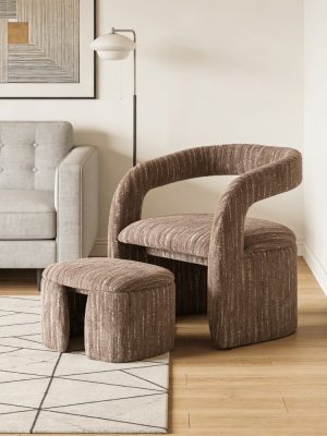 1pc Modern Accent Living Room Chair Set with One Ottoman, Upholstered Barrel Sherpa Lounge Side Chair, Comfy Side Reading Reclining Chair for Living Room, Bedroom, Apartment, Reading Room, Office