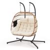 product-open-c7f68c892a2e461f9f9ee0020cdd3d22-goods 2 Person Hanging Egg Chair with Stand, Outdoor Wicker Swing Chair with Cushion, Heavy Duty Loveseat Chair for Patio Balcony Bedroom